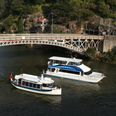 A scenic river view featuring two passenger boats—one named "Tamar Odyssey" and another offering "Cataract Cruises"—sailing under a decorative white bridge, with rocky cliffs and a house nestled among trees in the background.