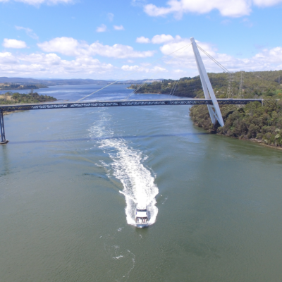 A small motorboat leaves a trail of white wake as it travels along a wide river toward the modern cable-stayed Batman Bridge with a steel deck. The surrounding landscape features wooded shores and distant hills under a partly cloudy sky.