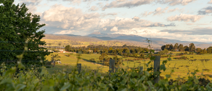 A scenic landscape with rolling green hills, scattered trees, and a few houses in the distance. A large tree stands on the left side, with wooden fence posts visible in the foreground. Mountains rise in the background beneath a partly cloudy sky.