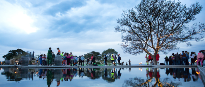 Outdoor scene with a large group of people gathered near a reflective body of water, with a leafless tree on the right and cloudy skies above. Reflections of the people and tree are visible in the water.