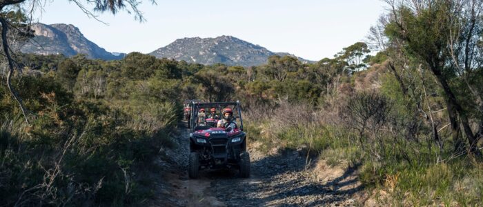 An off-road vehicle driving on a rocky path through a forested area with mountains in the background. Multiple people are inside the vehicle, and the surrounding landscape includes trees and bushes under a clear sky.