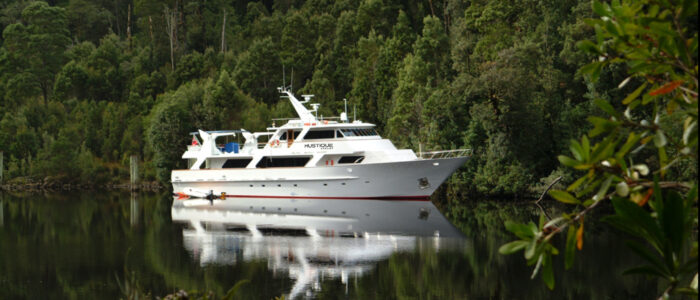 A white yacht named 'Mustique' anchored on a calm, reflective body of water, surrounded by dense green forest. The yacht's reflection is clearly visible in the water