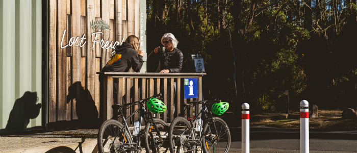 Two people stand at a wooden information counter labeled with an 'i', with three parked bicycles equipped with green helmets in front. The background features trees and a road, suggesting a recreational or park setting.