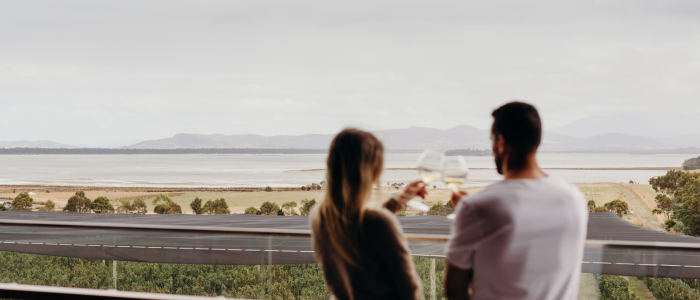 Two people toasting with drinks on a balcony overlooking water and farmland at Iron Creek Bay Estate.